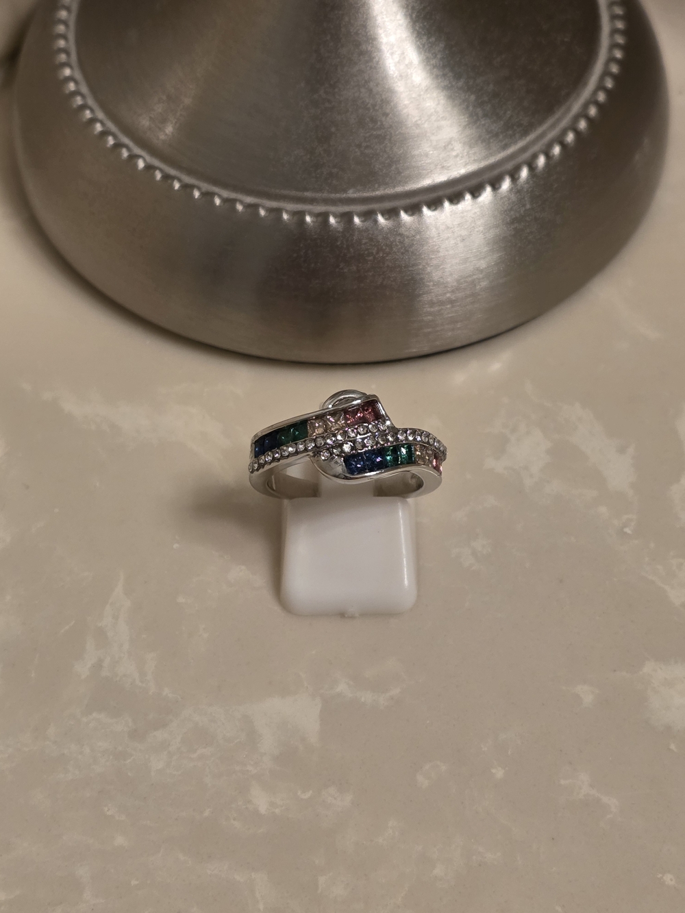 Silver CZ and Multicolored Jeweled Ring Size 8